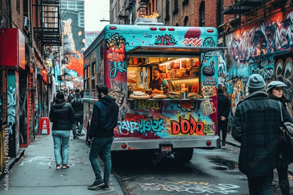 Obraz premium A food truck parked on the side of a bustling street, serving up mouthwatering dishes to hungry passersby, A food truck decorated with graffiti art in a busy alley, AI Generated