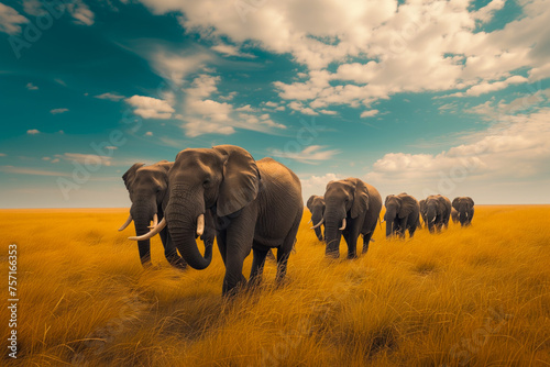 Herd of elephants traversing the savannah plains of Africa © bad_jul