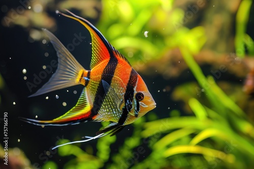 This captivating photo shows a fish gracefully swimming through the water with beautiful aquatic surroundings, A freshwater angelfish vibrant and colorful amongst floating green algae, AI Generated