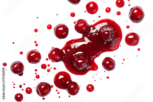 Drops and stains of red berry jam, sauce top view isolated on transparent background. Cranberry Jam drops close up