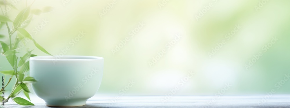 Product photo, delicate celadon porcelain teacup, soft colours, bamboo environment, minimalism, dreamy ethereal bokeh background 
