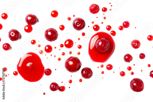 Drops and stains of red berry jam, sauce top view isolated on transparent background. Cranberry Jam drops close up