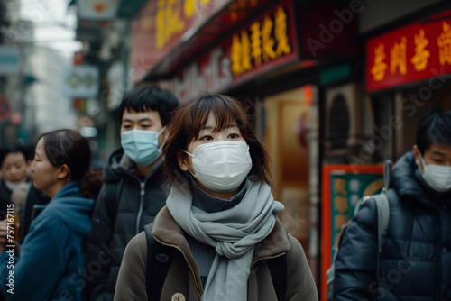 Street scene with people wearing masks, emphasizing the hidden threat of tuberculosis in public spaces. photo