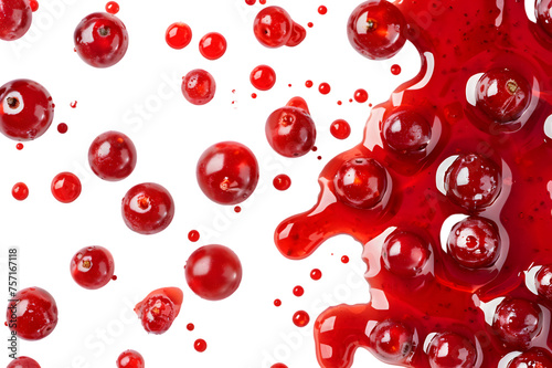 Drops and stains of red berry jam, sauce top view isolated on transparent background. Cranberry Jam drops close up