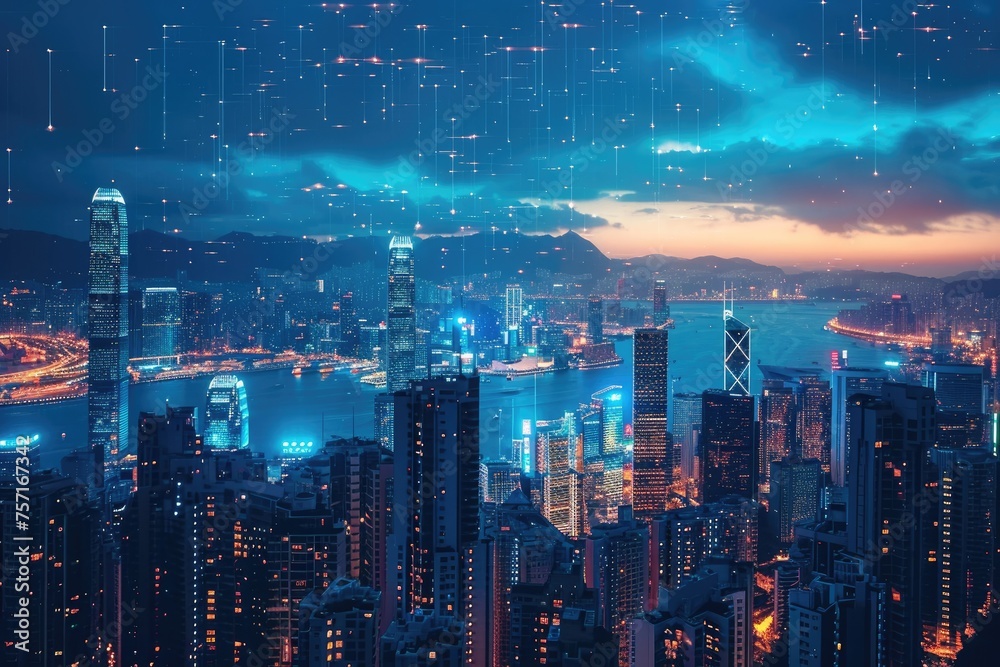 A captivating cityscape photograph featuring a multitude of lights illuminating the night sky, A futuristic city powered and operated through blockchain technology, AI Generated