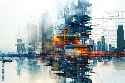 A stunning painting showcasing a bustling city with a multitude of towering skyscrapers, A futuristic city under construction juxtaposed over blueprints, AI Generated