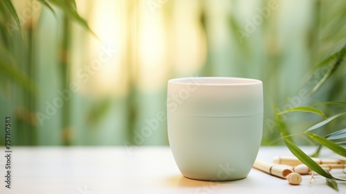 Product photo, delicate celadon porcelain teacup, soft colours, bamboo environment, minimalism, dreamy ethereal bokeh background  © paisorn