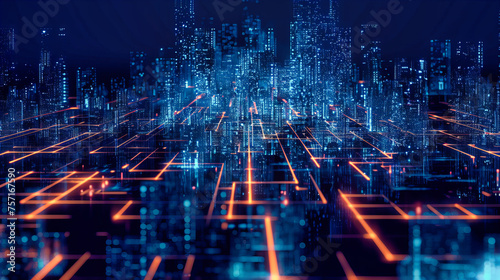 Futuristic City and Business Technology Concept, Abstract Digital Network Connected through Modern Skyscrapers