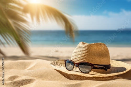 A straw hat and sunglasses on a sandy beach under a palm tree  a summer vacation concept  a seaside resort. 