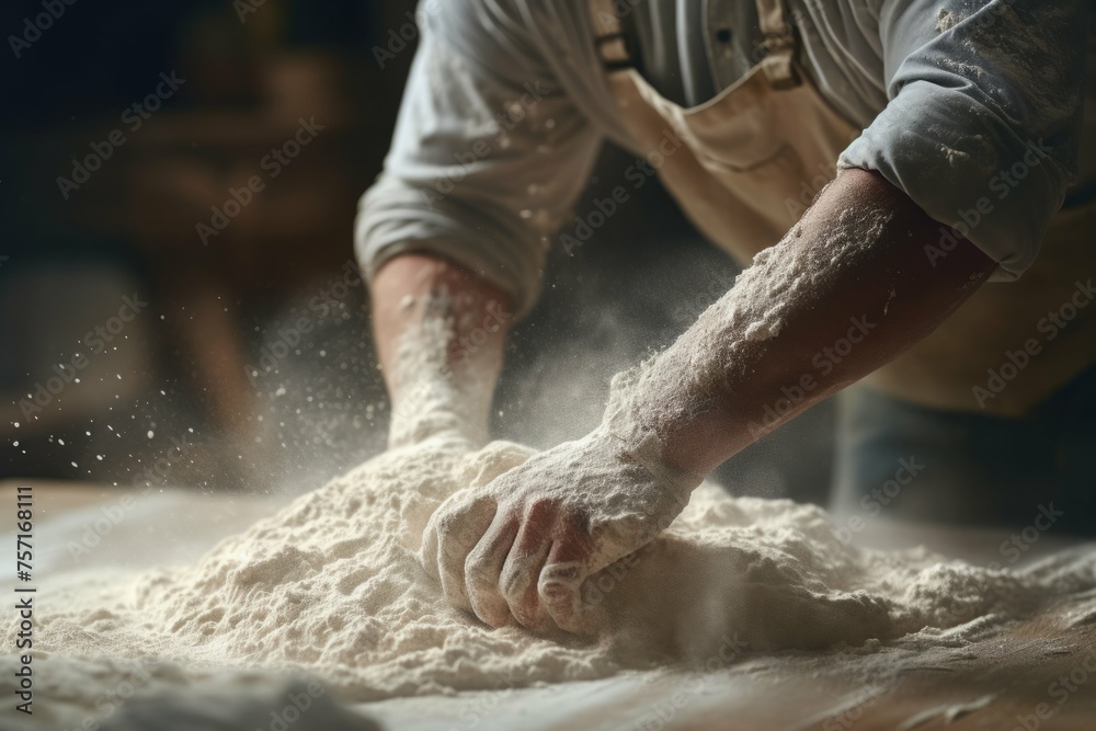 Baker kneading dough with flour dusting the air.
