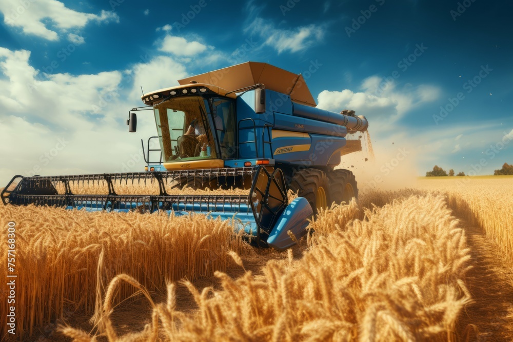 Farmer harvesting wheat with combine harvester. - obrazy, fototapety, plakaty 