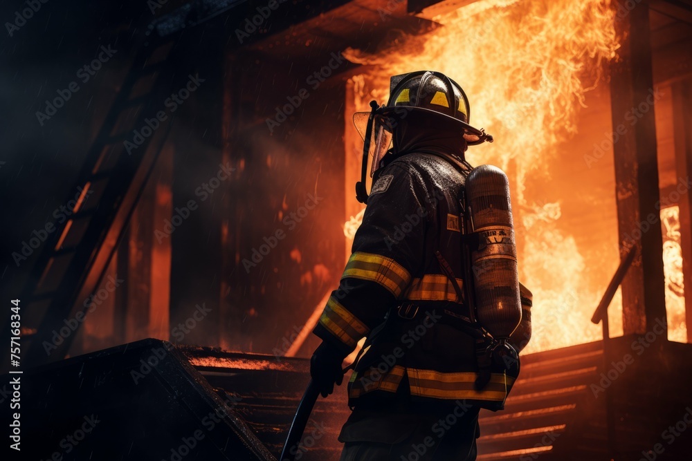 Firefighter putting out fire in burning building Firefighter putting out fire in burning building