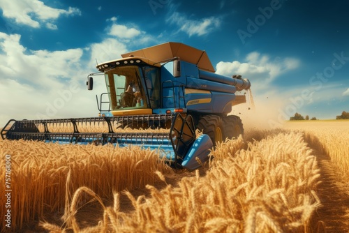 Farmer harvesting wheat with combine harvester.