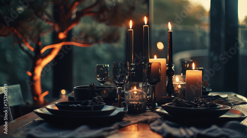 Aesthetically decorated table with candles, wine glasses, plates, black colours. Elegant banquet concept. Generative AI