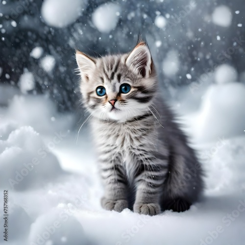 Cute little gray kitten sitting on the snow with copy space for text. Snowy winter background. Christmas background © usman