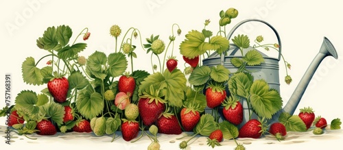 A watering can is placed amidst a bountiful harvest of strawberries and leaves, showcasing the beauty of natural foods and plant produce