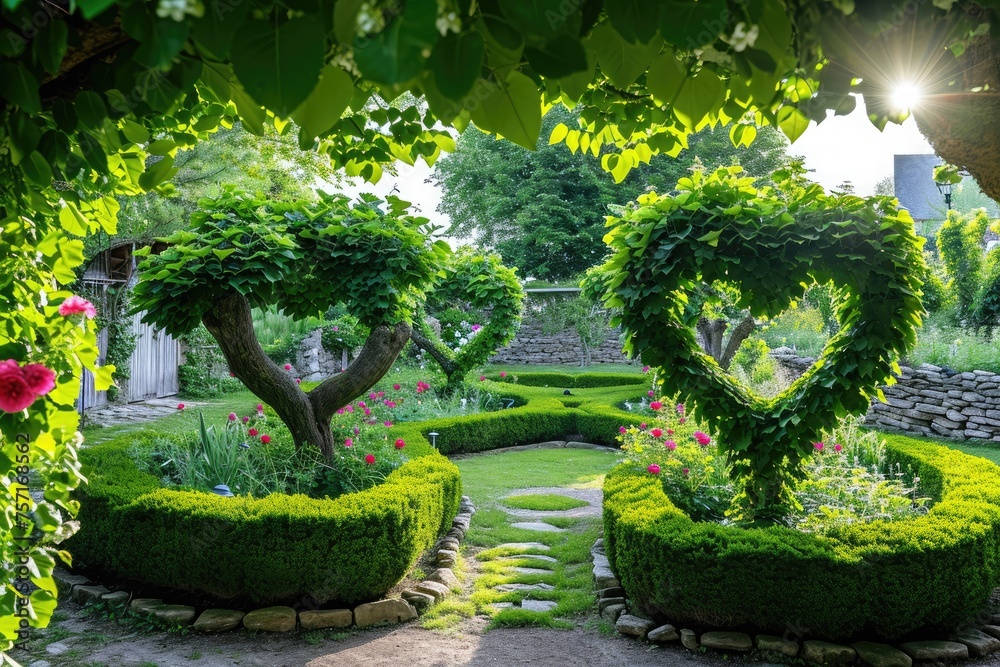 A beautiful pair of heart-shaped bushes flourishing in a well-kept garden, A garden with trees and flowers shaped as hearts, AI Generated