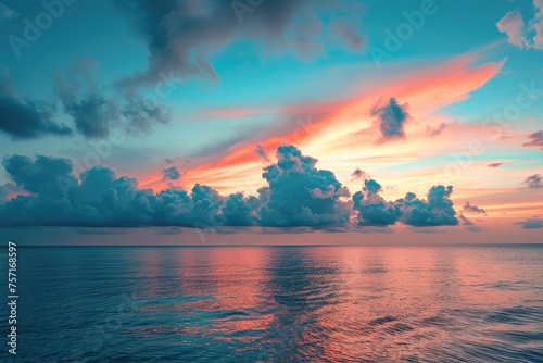 A breathtaking view of a magnificent sunset over the tranquil ocean, adorned with clouds, A gentle blend of sunset hues over a placid ocean, AI Generated
