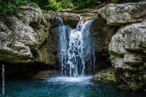 A serene and captivating scene showcasing a small waterfall beautifully nestled within a cluster of rocks, A gentle waterfall forming a heart shape as it cascades, AI Generated