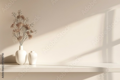 Minimalist empty shelf display with cream walls, for product display presentation