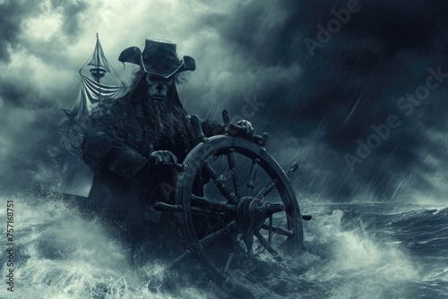 A brave pirate confronts treacherous waves, navigating his ship through a frightful storm at sea, A ghostly sea captain standing at the wheel of a phantom ship lost in stormy seas, AI Generated photo