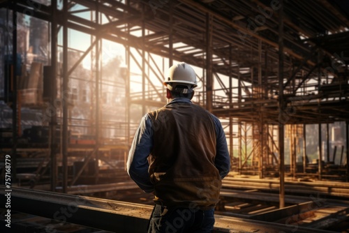 Construction worker inspecting building under construction