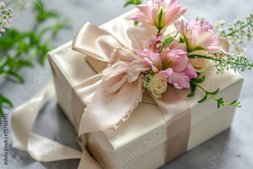 White Gift Box With Pink Flowers - Elegant Present for Any Occasion, A gift box embellished with fresh flowers and satin ribbon, AI Generated