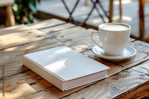 Cozy Cafe Setting with Cappuccino and Blank Book on Wooden Table