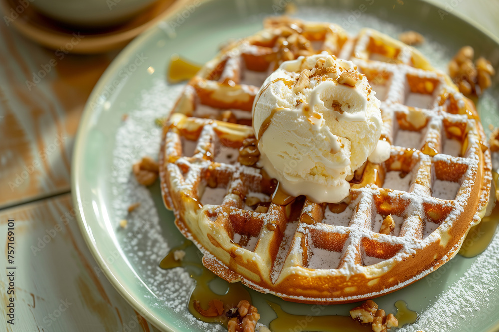 Gourmet Waffle with Vanilla Ice Cream and Caramel Drizzle Gourmet Waffle with Vanilla Ice Cream and Caramel Drizzle