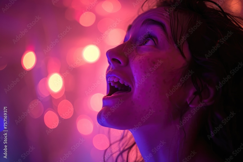 Woman Singing Into Microphone Under Vibrant Lights, A girl's face lighting up after seeing her surprise bridal shower, AI Generated Woman Singing Into Microphone Under Vibrant Lights, A girl's face lighting up after seeing her surprise bridal shower, AI Generated