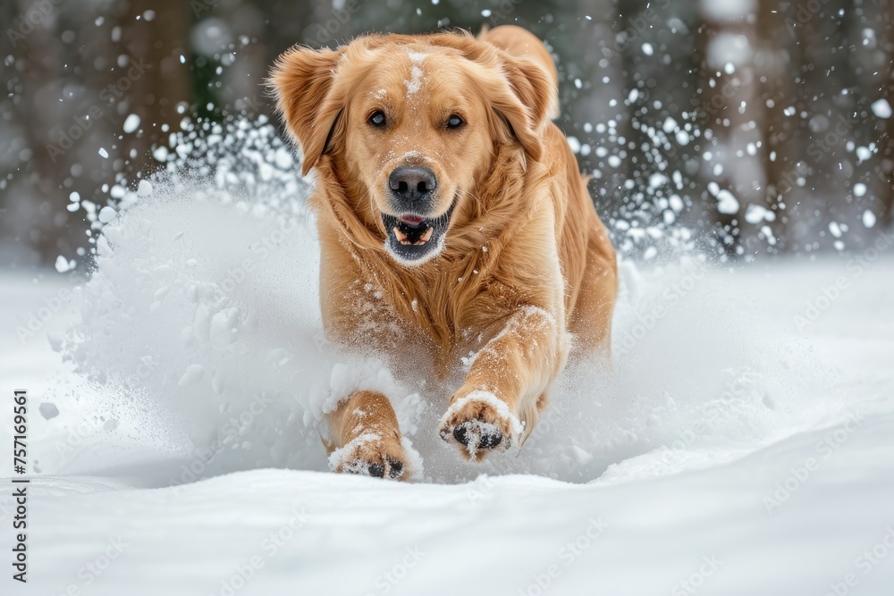 A dog runs energetically through a snowy forest, A golden retriever joyfully bounding through a fresh layer of snow, AI Generated