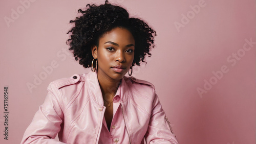 Portrait of an African American female model dressed in trendy clothes in pink colors. Stylish image of a modern woman. The image of everyday urban clothing. © Valeriy