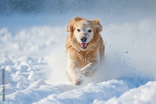 A energetic dog happily dashes through the snowy landscape during the winter season, A golden retriever joyfully bounding through a fresh layer of snow, AI Generated