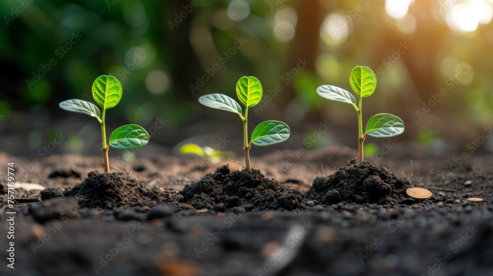 A cluster of small green plants sprouting from brown dirt in their natural environment