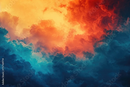 Vivid Sky Bursting With Numerous Clouds of Various Colors, A gradient transition from midnight blue to fiery orange, infused with the representation of dreamy clouds, AI Generated