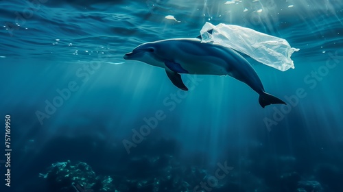 A solitary dolphin gracefully navigates through the oceans depths  encountering a drifting plastic bag  a stark symbol of the pervasive plastic pollution threatening marine life.