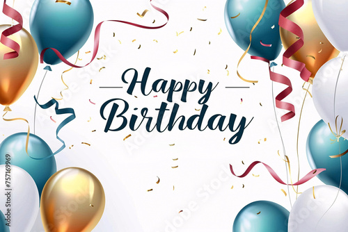 Happy birthday for you with balloons, birthday party balloons, balloons and confetti card background mockup, balloons with ribbon, silver and gold balloons