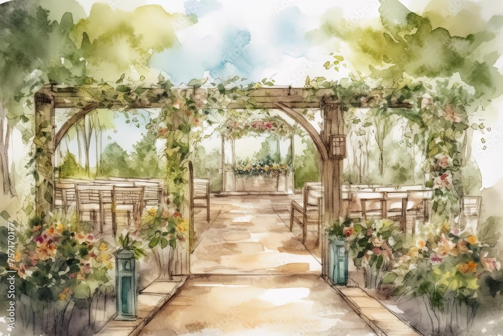 Watercolor Painting of Wedding Ceremony in Celestial Gardens