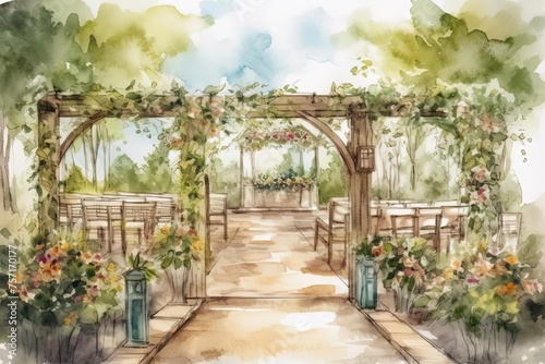 Watercolor Painting of Wedding Ceremony in Celestial Gardens