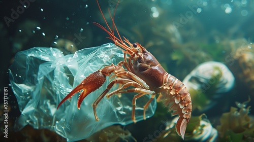 A solitary crab gracefully navigates through the oceans depths, encountering a drifting plastic bag, a stark symbol of the pervasive plastic pollution threatening marine life.