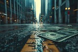 A multitude of bills spread haphazardly on the pavement, catching the attention of passersby, A gritty, urban-inspired vision of monetary value, AI Generated