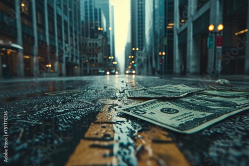 A multitude of bills spread haphazardly on the pavement, catching the attention of passersby, A gritty, urban-inspired vision of monetary value, AI Generated photo