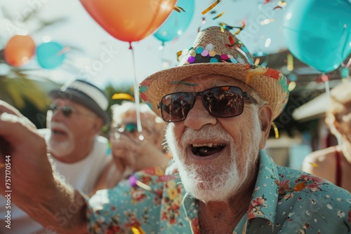 An older man with a joyful expression wears sunglasses and a hat adorned with colorful confetti, A group of elderly celebrating their high school reunion, AI Generated