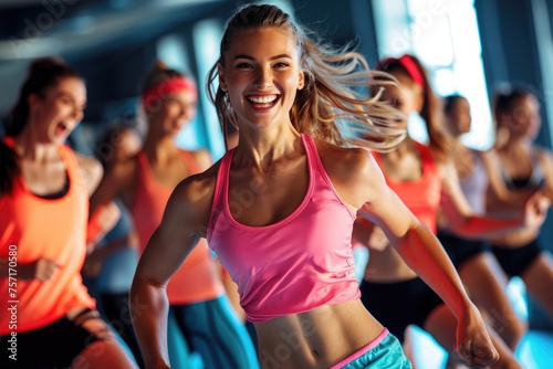 A diverse group of women actively participating in a dance class, learning different dance techniques and choreographies, A group of energetic people in a Zumba class at the gym, AI Generated