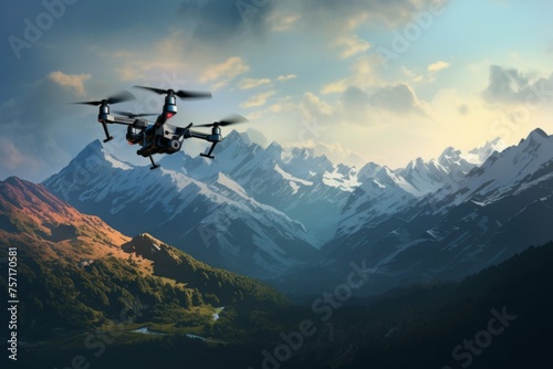 Drone capturing aerial footage of a mountain range. photo