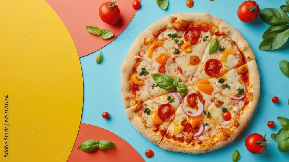 Homemade pizza on an early colored background made of paper and tomatoes