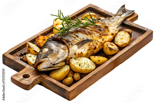 Roasted fish and potatoes, served on wooden tray isolated on transparent background