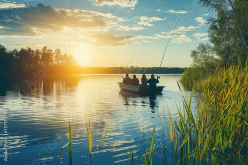 A group of people enjoy a day of fishing as they navigate a boat on a serene lake, A group of friends enjoying a fishing trip on a sunny afternoon, AI Generated