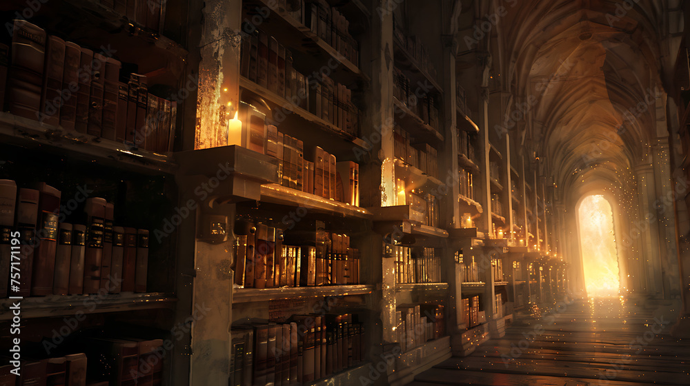 A digital rendering of an ancient library illuminated by soft candlelight, with dusty tomes lining weathered shelves, evoking a sense of nostalgia and wonder