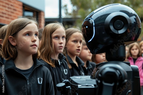 A diverse group of young girls stand side by side, displaying unity and friendship, A group of schoolchildren observing a robot demonstration, AI Generated